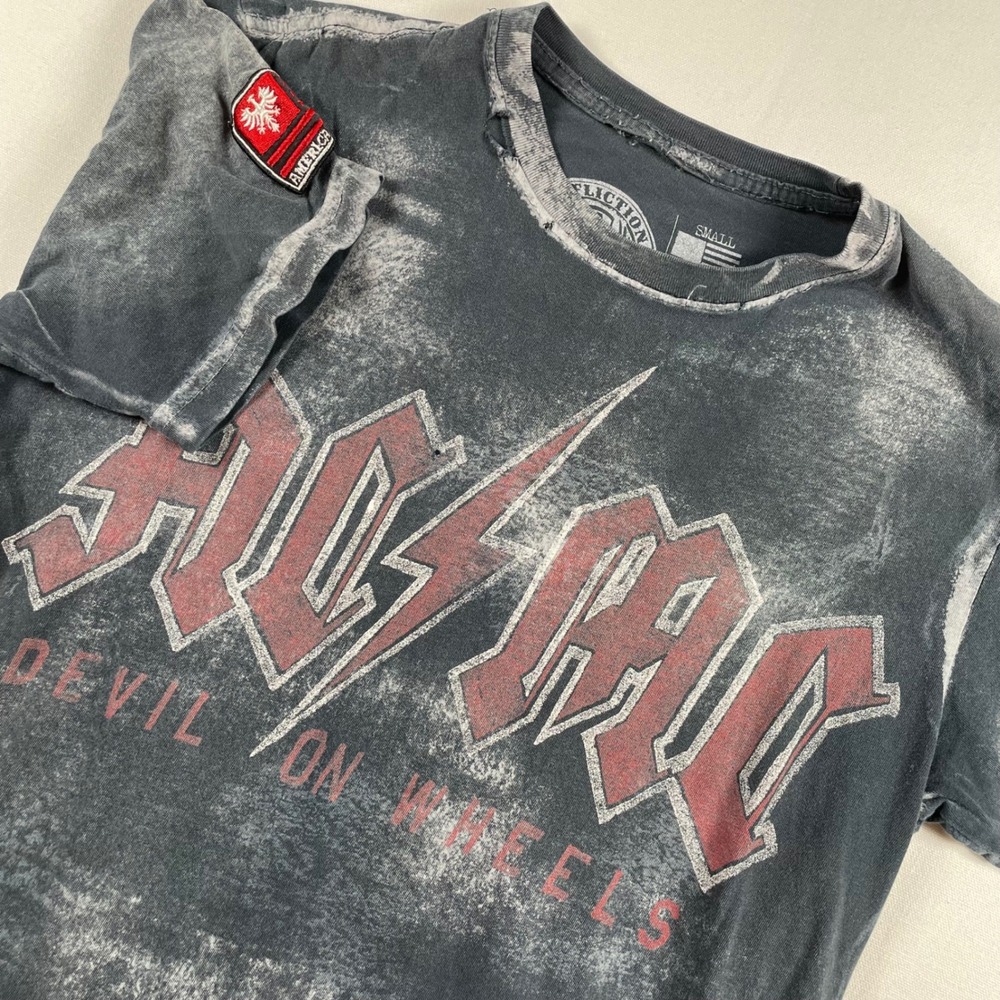 Affliction AC/DC Devil on Wheels American Customs Mens T-Shirt Small S Distessed